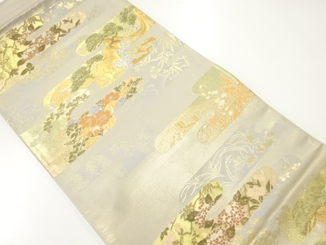 JAPANESE KIMONO / ANTIQUE FUKURO OBI / SILK / EGASUMI & PINE & HYDRANGEA & FLOWERS